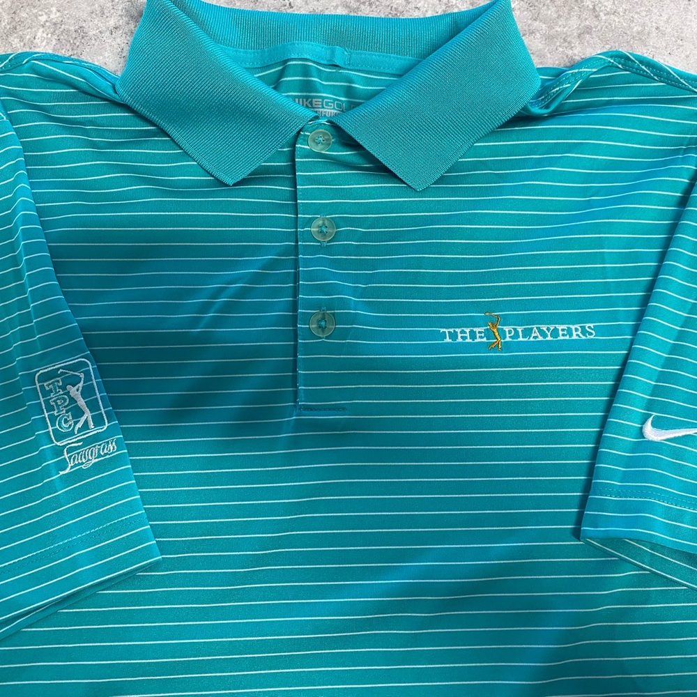 Nike TPC Players Sawgrass Golf Teal and White Striped Polo